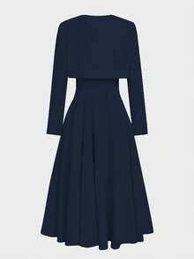 两件套优雅日常通勤商务精致约会短款宽松长袖外套上衣+吊带腰部细节不对称下摆长裙，女士秋冬春季穿搭 - 藏蓝色 - 查看 8