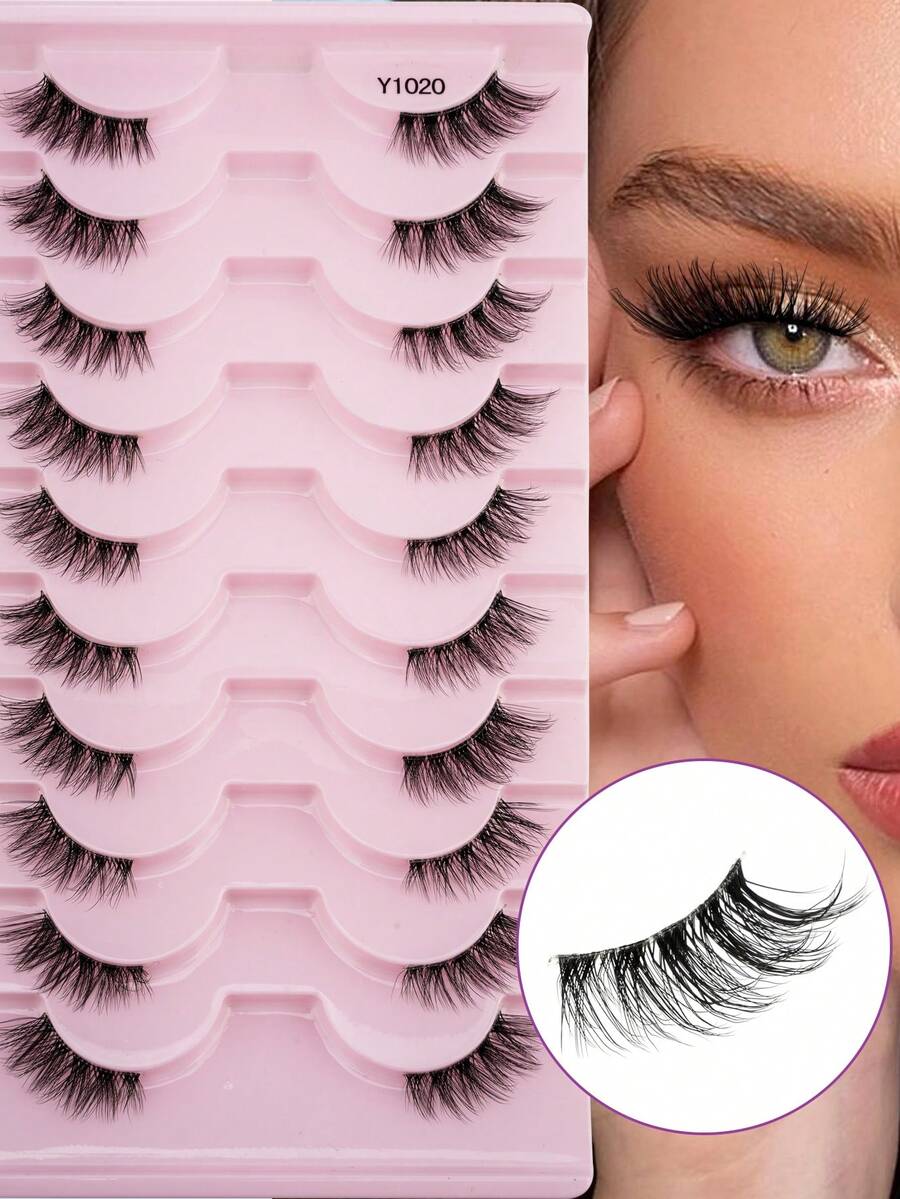 10 Pairs 3D Fluffy Half-Eye False Eyelashes, 8-10mm Transparent Stem Handmade Faux Mink Short Lashes, Extending Outer Corner, Natural Look, Suitable For Women's Daily Wear - 黑色 - View 1