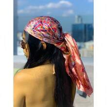 1PC Women's Red And White Paisley Printed Bandana Square Towel, 90CM 1 90cm Women's Luxury Scarf, Headscarf Silk Scarf, Fashion Printed Square Scarf, Four Seasons Versatile Casual Polyester Scarf - Hồng - Xem 2