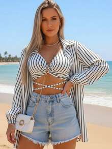 Women's Striped Set – Beach & Vacation Summer Resort Style - 白色 - 查看 1