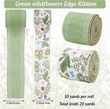Green Wildflowers Wired Edge Ribbon Retro Wild Floral Craft Ribbon Spring Fabric Ribbon For Suer Mother's Day Wreath Bow Making DIY Wrapping Party Dr Supplies, 2 Rolls, 20 Yard,23939727 - 香檳色 - 查看 2