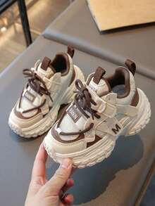 Kids' Fashionable Casual Sports Shoes, Student Running Shoes, Campus Sports Chunky Sneakers, Suitable For All Seasons, Color Blocking Woven Sports Shoes - Khaki - View 18