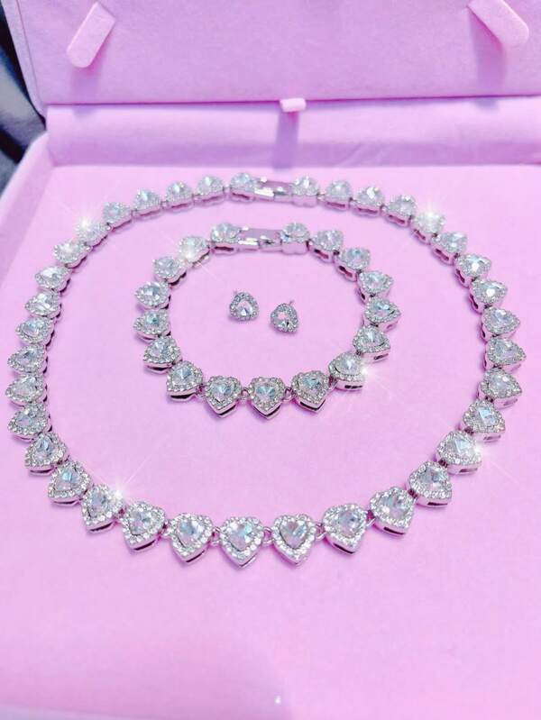 Conjunto de brincos e colares românticos e charmosos, colares de corrente com coração, gargantilha feminina prateada, joias para festas de casamento, uso diário, presente requintado para o Natal, Dia dos Namorados e amizade