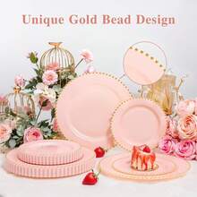 100pcs Plastic Plates With Gold Beads Plates Heavy Duty Party Supplies Includes 10.25inch Dinner Plate And 7.5inch Dessert Disposable Plate For Party,Wedding,Bridal Showers - 粉色 - 查看 3