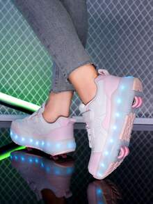 Unisex LED Rechargeable Light Up Roller Shoes, Multifunctional Transformable Roller Skates For Kids, Suitable For Outdoor And Sports Skating All Year Round, With Detachable Wheels - Pink - View 1