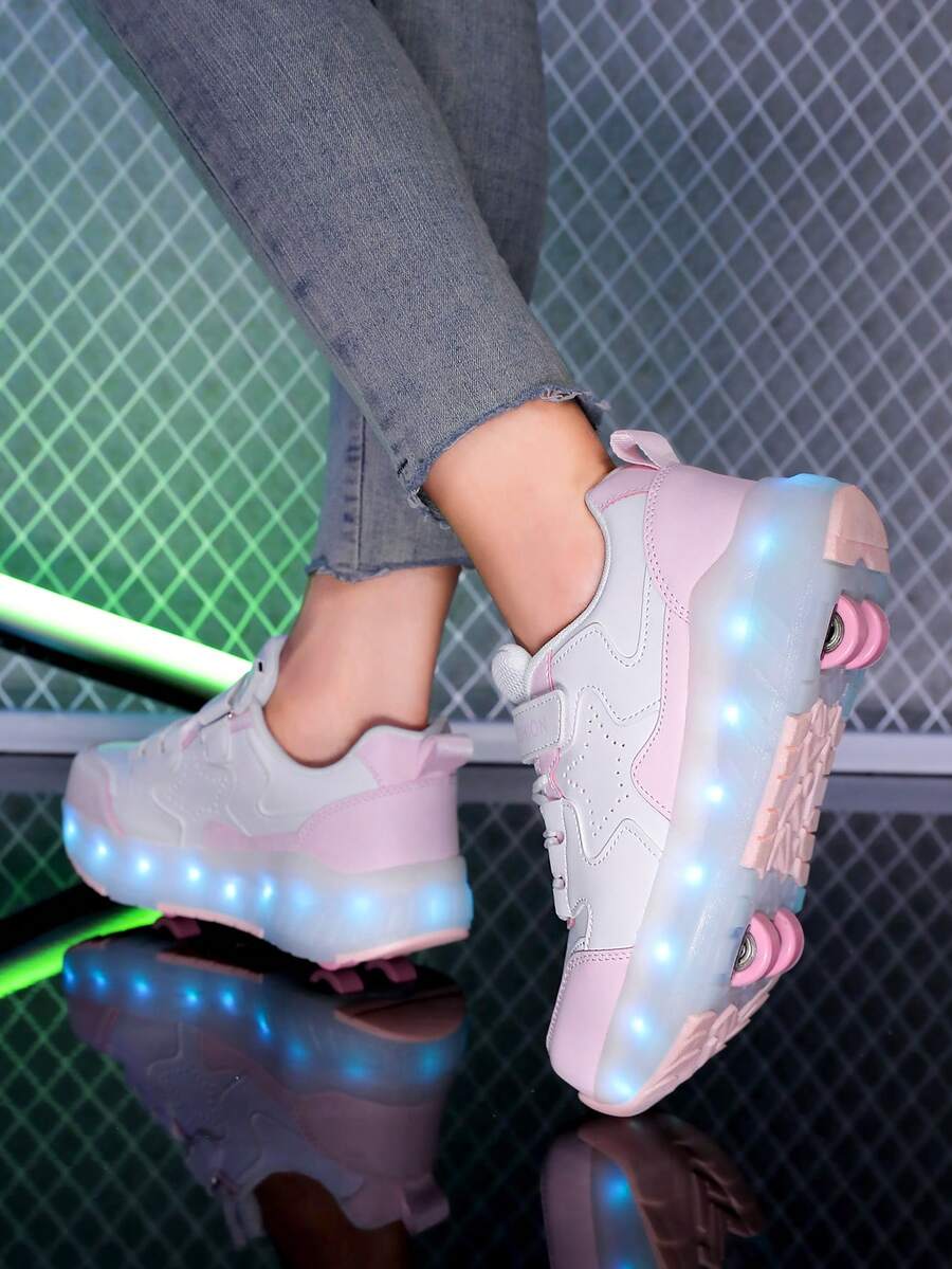 Unisex LED Rechargeable Light Up Roller Shoes, Multifunctional Transformable Roller Skates For Kids, Suitable For Outdoor And Sports Skating All Year Round, With Detachable Wheels - Pink - View 1