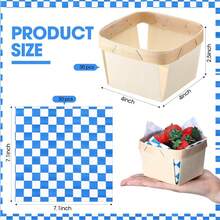 60 Pcs/30 Sets One Pint Wood Berry Basket With Wax Paper Sheets 4 Inch Square Vented Wood Boxes Small Basket Container With  Paper For Gifts Fruit Picking Berry Camping (Plaid,Blue),23949011 - 藏蓝色 - 查看 5