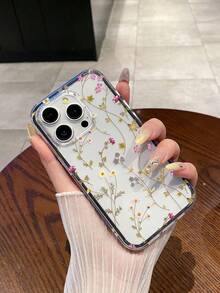Flower Floral Print Phone Case, 2-In-1 Anti-Drop Design, Soft & Thick + Black Frame, Large Cutouts For Precise Fit, Minimalist Transparent Style, Compatible With IPhone & Galaxy, Fits 13, 14, 15, 16, 16 Plus, 16 Pro Max, 17 Pro Max, Suitable For Personal Use Or As A Gift - Multicolor - View 1