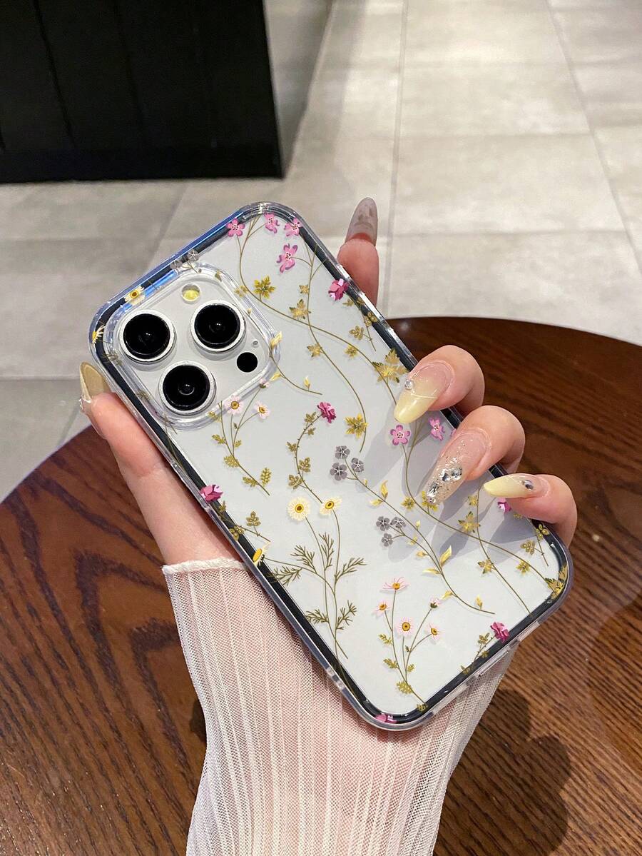 Flower Floral Print Phone Case, 2-In-1 Anti-Drop Design, Soft & Thick + Black Frame, Large Cutouts For Precise Fit, Minimalist Transparent Style, Compatible With IPhone & Galaxy, Fits 13, 14, 15, 16, 16 Plus, 16 Pro Max, 17 Pro Max, Suitable For Personal Use Or As A Gift - Multicolor - View 1