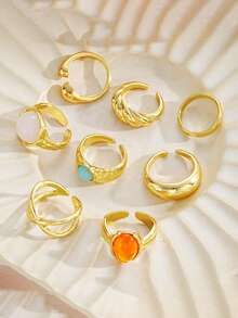 8pcs/Set Fashionable French Style Water Drop Shaped Crystal Rhinestone Twisted Rings Set For Women, Suitable For Party, Vacation, Photo Shooting, Gift, Daily Wear