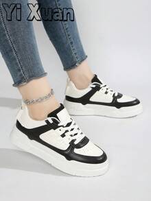 女士户外休闲运动鞋，金属扣装饰，仿皮，系带，舒适，时尚，2025 年秋季新款 - 黑色 - 查看 8