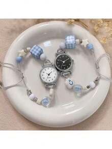 1 Pieza Reloj de cuarzo sencillo con esfera pequeña y correa de cuentas para mujeres. Adecuado para estudiantes y damas para uso diario. Apropiado para decoración diaria y de fiesta. Reloj de mujer, reloj de lujo para damas - Blanco - Ver 1
