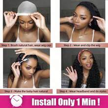 Kinky Curly Headband Wig, Glueless Wig, Curly Headband Wigs For Women, Human Hair, 200% Density, Ready To Wear, Deep Wave Blend Human Hair Wigs, Non Lace Front Wigs, Human Hair, Pull On And Go, Curly Bob Glueless Wigs, Brazilian Deep Wave Headband Wig, Natural Color, Black Wig, Beginner Friendly, Pull On And Go, Deep Wave Headband Wig, No Glue, Blend Human Hair Headband Wig For Daily Use, Beginner Friendly For Halloween - Natural Black - 查看 8