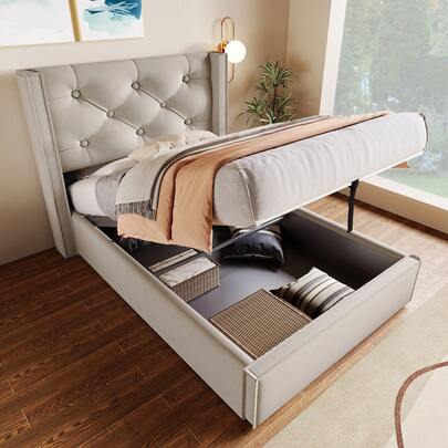 Upholstered Hydraulic Single Bed 90x200cm, Bed With Metal Slatted Base, Modern Bed Frame With Storage, Cotton, Light Grey