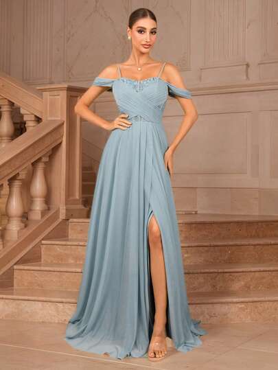 MOEVIO Suknia damska formalna elegancka na ramiączkach spaghetti z szyfonu, z wiązaniem na krzyż, z rozcięciem na udzie, maxi, dla druhny, gości weselnych, na imprezy, bale, wieczory, bale, ukończenie szkoły, powrót do domu, rocznica, prysznic dla panny młodej, jesień, zima, Halloween, Boże Narodzenie, Nowy Rok, wiosna, festiwal, urodziny