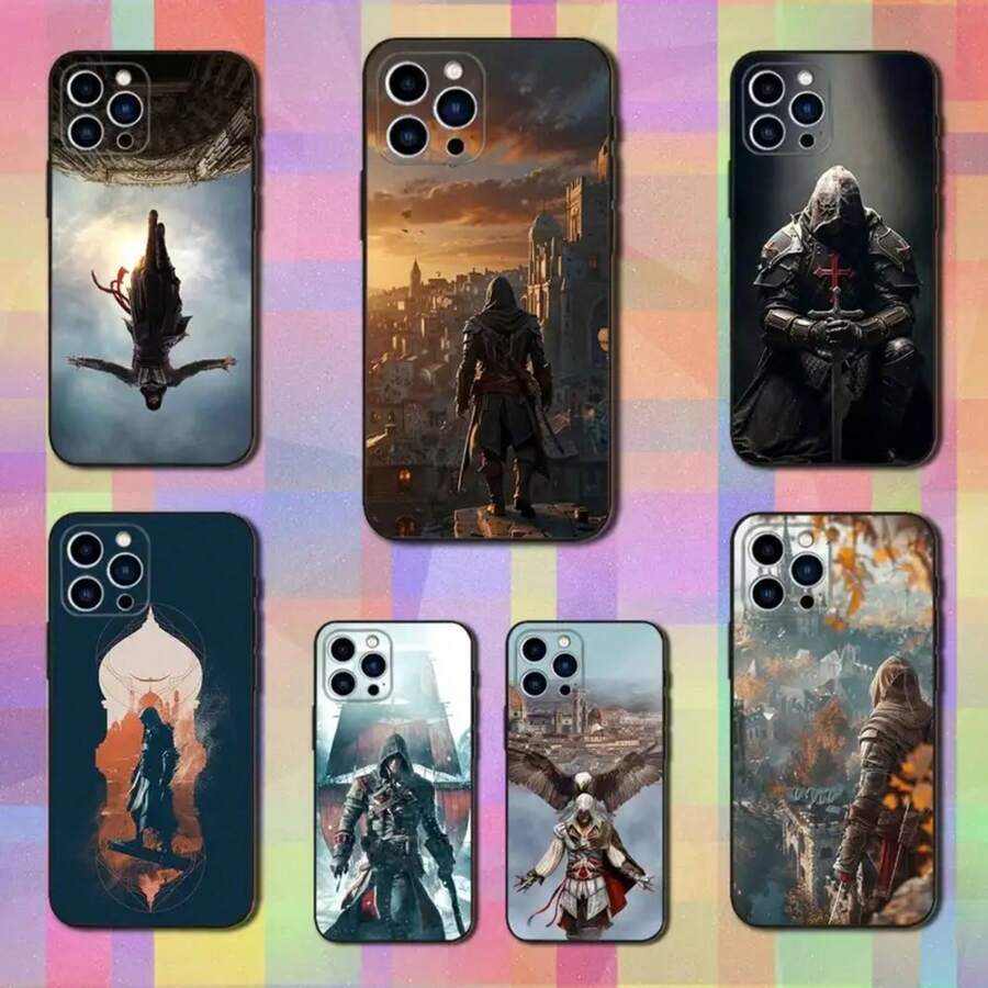 Étui de téléphone Assassin's Creed compatible avec 16, 15, 14, 13, 12, 11 Plus, Pro Max, XS, X, XR, SE, Mini, 8, 7, en silicone souple noir. Compatible avec les étuis pour 17, 17 Pro et 17 Pro Max - Z4 - Voir 1