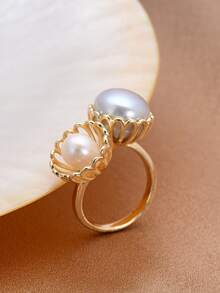1pc 18K Gold Plated Adjustable Natural Freshwater Pearl Mother-Of-Pearl Ring For Women - Multicolor - View 3