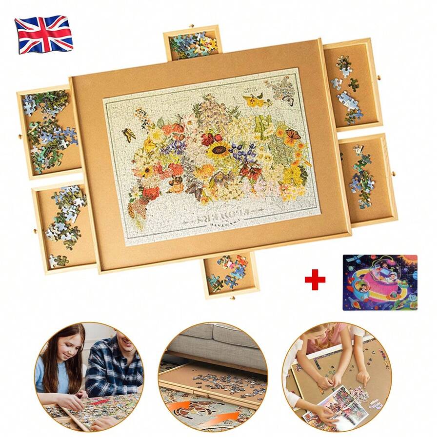 Wooden Jigsaw Puzzle Board Portable Puzzle Storage Table W 6 Slid Drawer 60pcs - Wood Color - View 1