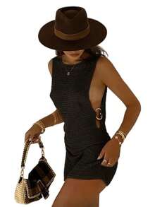 Women's Beach And Pool Cover-Up Dress With Knit Ring Details And High Summer - màu đen - Xem 4