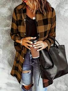 Plus Size Regular Length Plaid Shirt Collar Long Sleeve Button Front Top Vacation - Brown - View 1