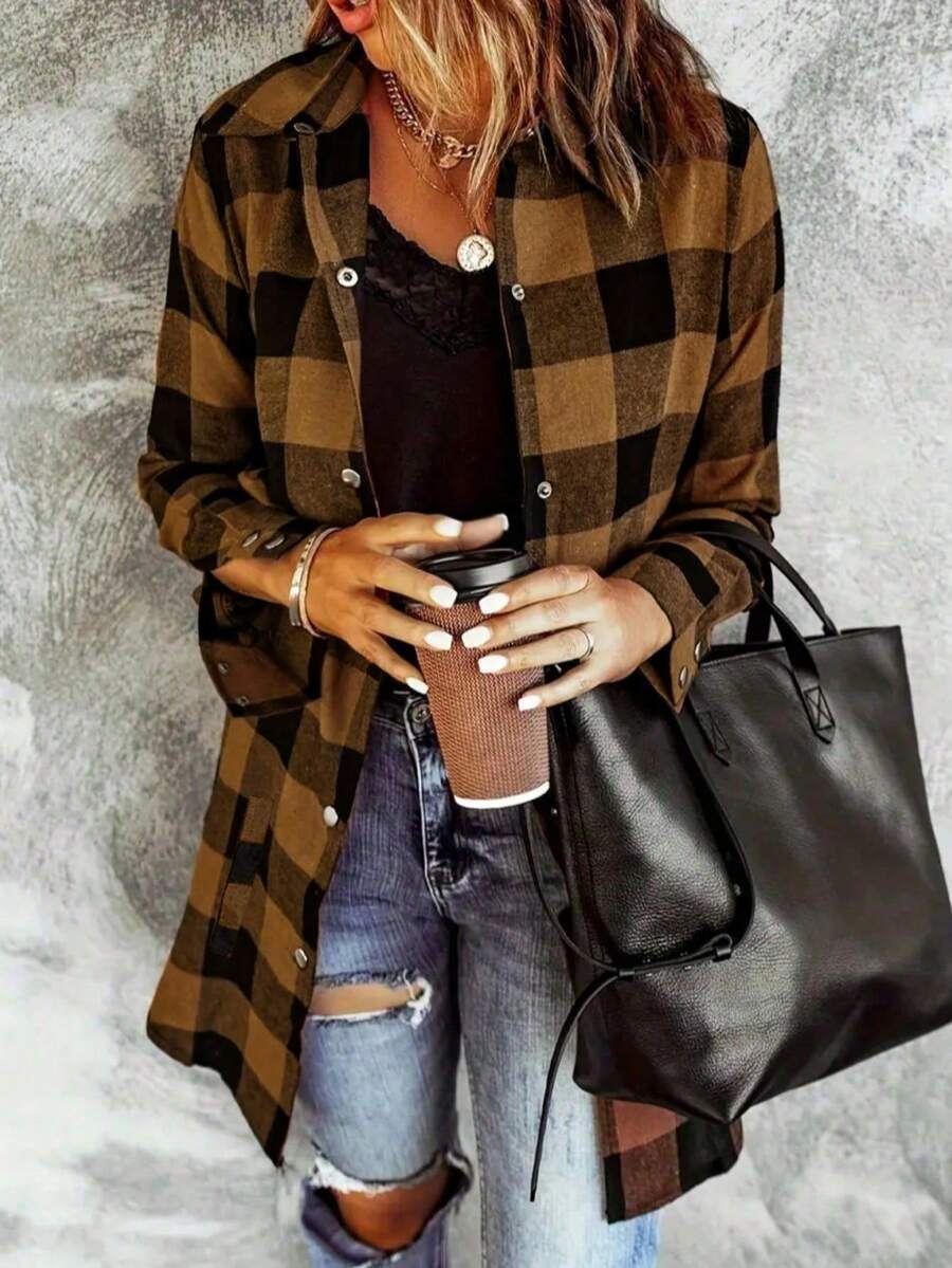 Plus Size Regular Length Plaid Shirt Collar Long Sleeve Button Front Top Vacation - Brown - View 1