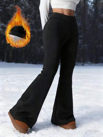 Pantalones de yoga de cintura alta con forro térmico y pierna acampanada, con cintura elástica, que levantan el trasero y ajuste delgado para deportes al aire libre, pantalones de chándal cálidos y elásticos para uso diario casual y viajes, de estilo minimalista