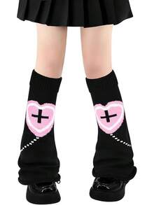 Kawaii Leg Warmers For Women, Y2K Harajuku Gyaru Style Socks, Lolita Gothic Cutecore Accessory - B 黑色粉紅色心形十字喇叭形 - 查看 12