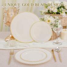 100pcs Plastic Plates With Gold Beads Plates Heavy Duty Party Supplies Includes 10.25inch Dinner Plate And 7.5inch Dessert Disposable Plate For Party,Wedding,Bridal Showers - 象牙白 - 查看 5