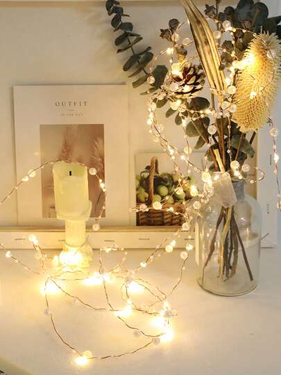 2/3/5m Copper Wire Wrapped Faux Pearl Decorative String Lights, Requires 2 AA Batteries, Indoor Tabletop Decor Lights For Party, Holiday, Wedding, Christmas Tree, Home Room Wall Decor