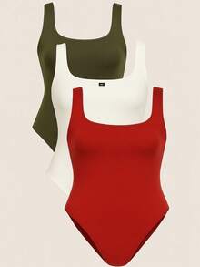 Kit 3 Body Bori Women's Tank Top Thick Strap Basic Casual Blogger Suplex Various Colors Spring Summer - Blanco/Rojo/Verde Militar - Ver 2