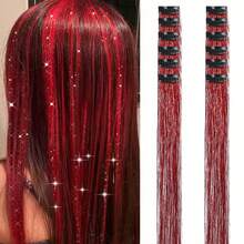 6个闪亮发夹，20英寸耐热闪光接发，适合女性、女孩、红发仙女发饰，适用于万圣节派对 - 酒紅色 - 查看 11