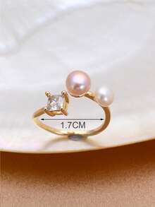 1pc 18K Gold Plated Natural Freshwater Pearl & Cubic Zirconia Adjustable Open Ring For Women - Multicolor - View 3