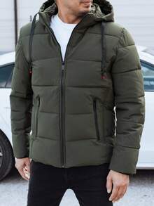 Men's Quilted Winter Jacket With Detachable Hood, Warm Men's Jacket With Fur Lining And Zipper, Warm And Comfortable Windproof Jacket, Perfect For Everyday And Sporty Looks In Winter - Green - View 1