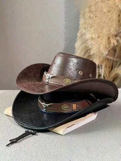 1 顶男女通用爵士帽，配有牛皮带和铆钉装饰，宽边西部牛仔风格，适合春夏秋季户外活动和派对