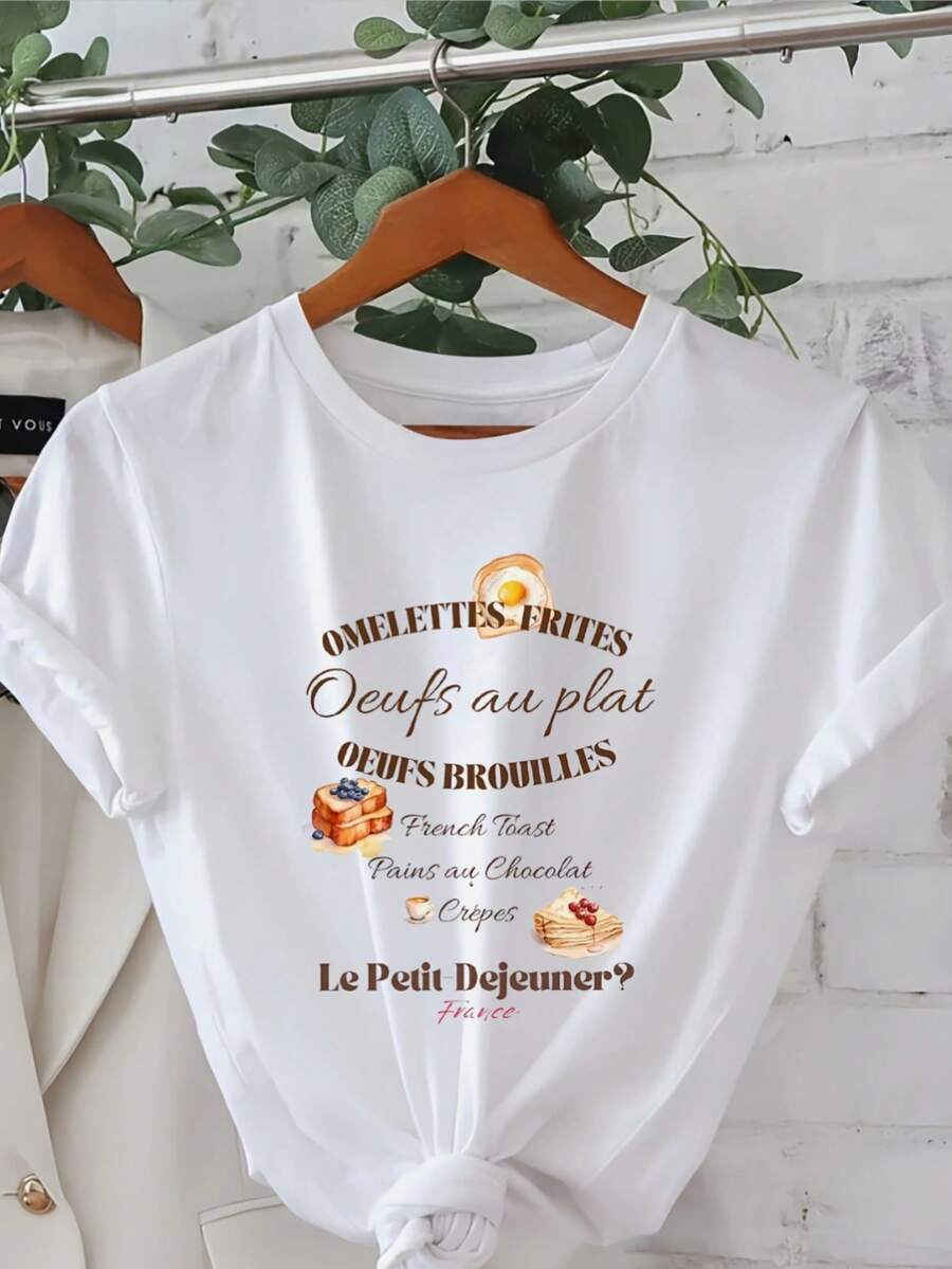 Women'S Sports Short Sleeves Croissant Print T-Shirt - Short Sleeve Crew Neck Casual Top With Le Petit Déjeuner Design, Lightweight Polyester For Spring & Summer, Croissant T Shir - 白色 - 查看 1