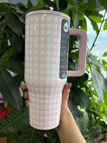 Traveler 32 Oz/40 Oz Water Bottle With Handle & Flip Straw - Fits In Cup Holder, Leak Resistant Tumbler-Reusable Insulated Stainless Steel & Rubber Base - Gifts For Women & Men, - Pink Gingham - 查看 14