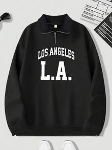 Plus Size Men's Los Angeles Letter Print Zip-Up Casual Sweatshirt, Loose Fit Long Sleeve, Autumn/Winter - Light Grey - View 3