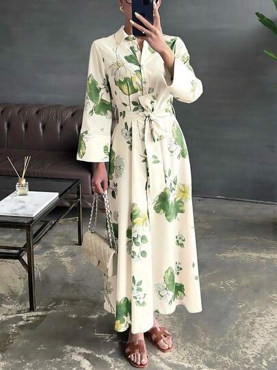 SuofeiMan Women's New Leaf Pattern Floral Print Dress, Casual Elegant Tie Waist Button Long Dress, All Season Spring