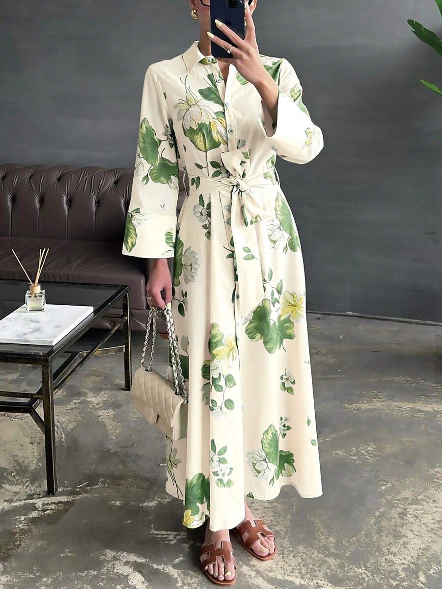 SuofeiMan 女士新款叶子图案印花连衣裙，休闲优雅系带纽扣长裙，四季皆宜，春季款 - 杏色 - 查看 1