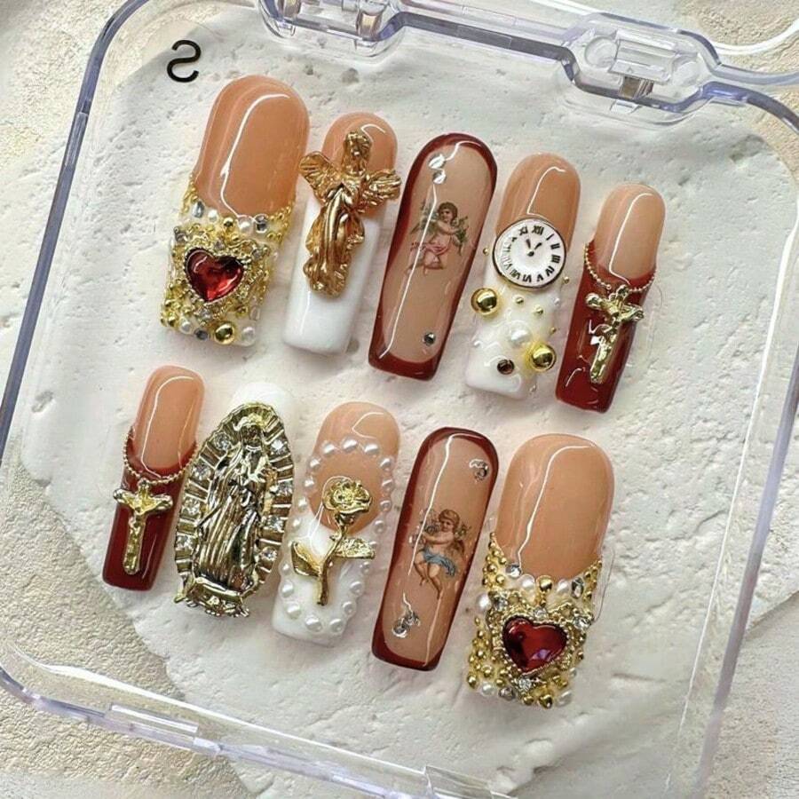 NailLuxe 10 PCS Handmade Long Press - On Nails | Brown - Toned Angel Pearl Long Nails With Acrylic Exquisite Details, Angel & Pearl Embellishments & Elegant Styles - 金色 - 查看 1