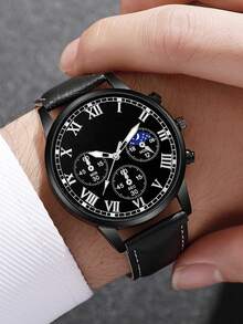 1pc Men's Fashionable And Handsome Style Quartz Watch, PU Leather Strap. Suitable For Daily Wear, Wear It At Work. Birthday Gift, Christmas Gift, Holiday Gift, Men's Gift. (This Box Is Just A Display)