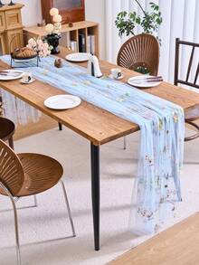 1pc Floral Embroidered Sheer Table Runner, Romantic Farmhouse Style, Suitable For Daily Use, Festivals, Weddings, Hotels, Birthday Parties, Home Decor, Photography Backdrop, All Seasons - Blue - View 9