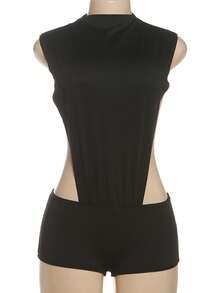 Women's Sleeveless Round Neck Bodysuit Plain High Waist Mini Romper Lingerie Night Party Outfit - 黑色 - 查看 5