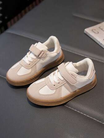 1 par de zapatos deportivos para niños de color caqui contrastante, zapatos casuales de estilo de primavera/otoño 2025 para niñas, zapatos de patinaje para niños de suela baja antideslizante, zapatos blancos pequeños de estilo campus