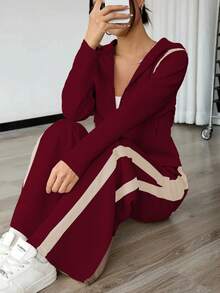 Bộ đồ nữ mùa xuân/hè kiểu dáng thường ngày gồm áo dài tay có khóa kéo và quần ống đứng, bộ hai mảnh phối màu thường ngày mùa thu, bộ đồ có mũ trùm đầu phối màu thanh lịch với dây rút, bộ đồ kẻ sọc và màu trơn kiểu dáng thường ngày có túi, khóa kéo và dây rút, thích hợp mặc đi làm/đi làm mùa xuân/hè/thu. - Màu Đỏ Sâu - Xem 5