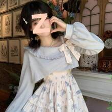 Lolita Dress Autumn Winter New College Style Floral Strap Dress Sweet Off-Shoulder Puffy Cake Dress Girl Dress - 披肩*5476單件藍色披肩 - 查看 12