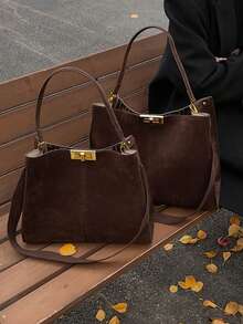 1 pièce Nouveau sac à main vintage pour femme 2025 (peut également être utilisé comme sac à bandoulière), dégageant le luxe et la sophistication, en suède, avec fermeture à pression. Ce grand sac fourre-tout convient pour un usage quotidien casual, les trajets, l'université, les voyages, les fêtes, les banquets et autres occasions. Élégant sac à main pour femme - Café - Voir 3