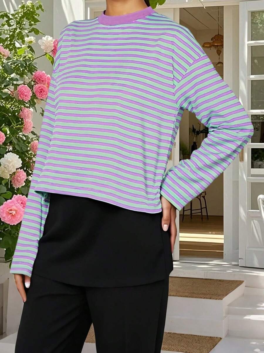 Women Striped Long Sleeve Baggy T Shirts Y2k Vintage Stripes Oversized Boxy Tees Cropped Tops Lionesss Stripped Sweatshirt Fall Preppy Teen Girl Clothes - 紫色 - 查看 1