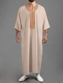 Trang phục nam truyền thống thêu hoa văn trang nhã và sang trọng, áo choàng Hồi giáo dáng rộng có túi, áo choàng Ramadan tay lỡ, áo choàng kiểu Ả Rập thêu hoa văn thường ngày, trang phục cầu nguyện Kandura truyền thống dành cho nam giới, trang phục lễ hội trang nhã. - Màu Khaki - Xem 1