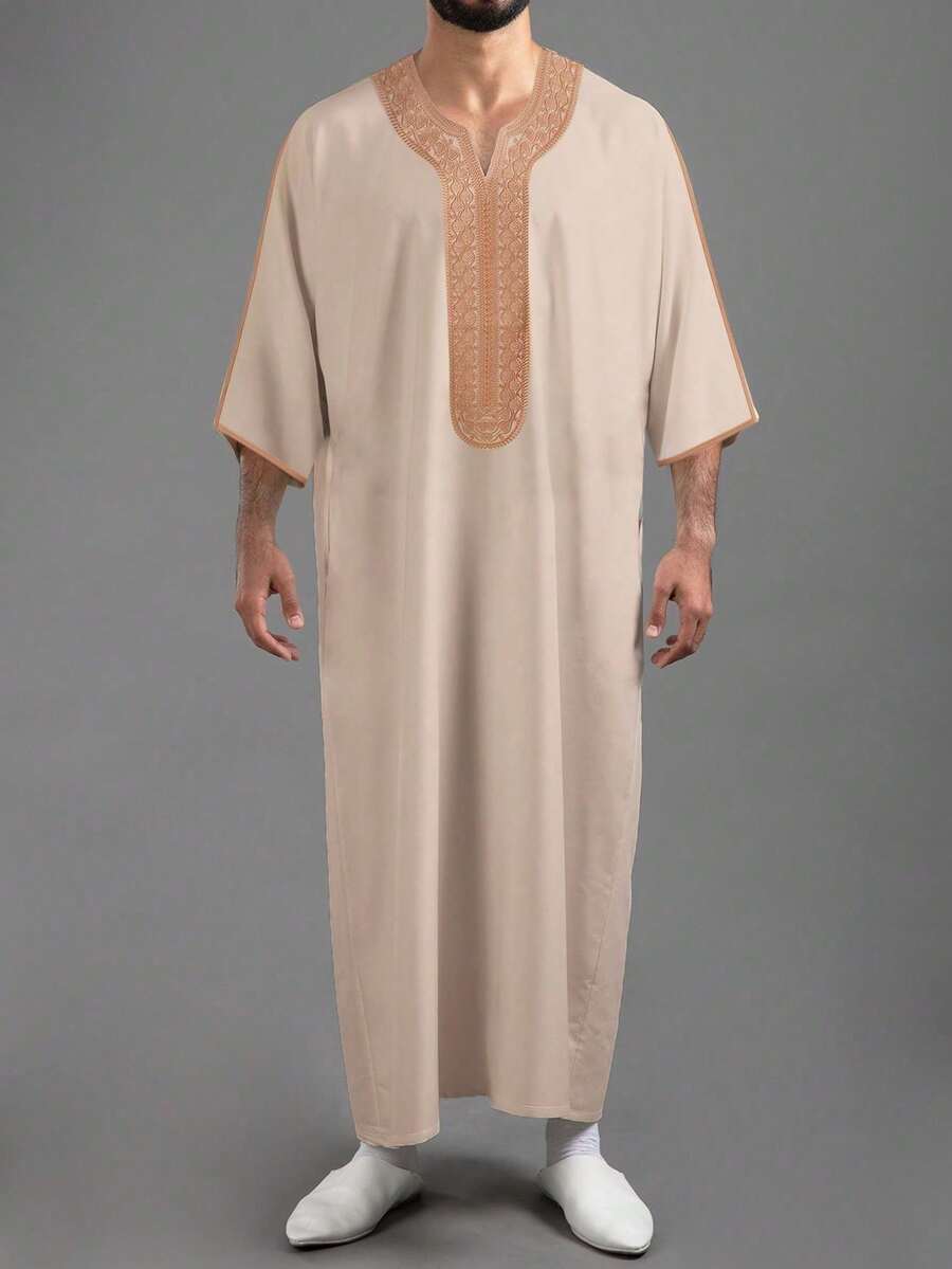 Trang phục nam truyền thống thêu hoa văn trang nhã và sang trọng, áo choàng Hồi giáo dáng rộng có túi, áo choàng Ramadan tay lỡ, áo choàng kiểu Ả Rập thêu hoa văn thường ngày, trang phục cầu nguyện Kandura truyền thống dành cho nam giới, trang phục lễ hội trang nhã. - Màu Khaki - Xem 1